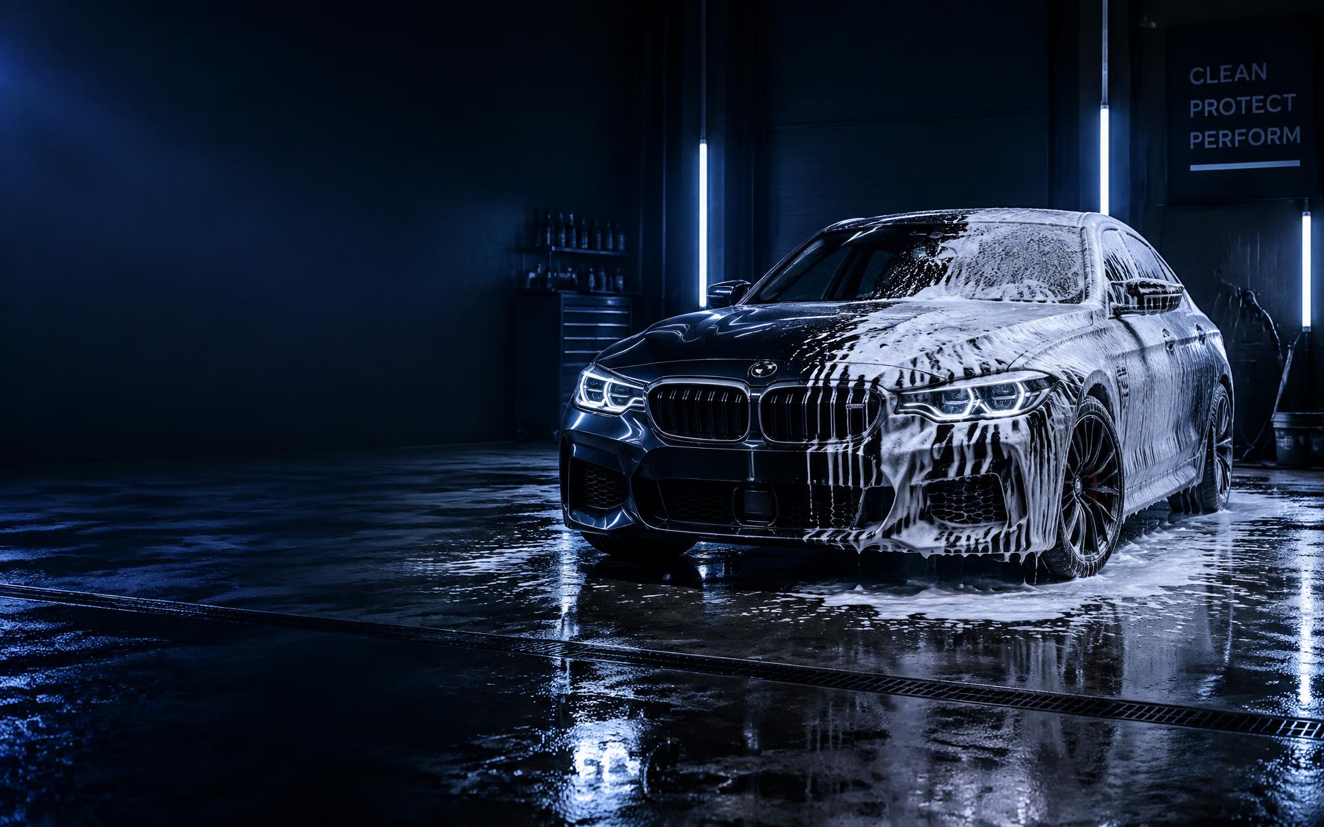 Carro escuro coberto de espuma em estúdio de estética automotiva